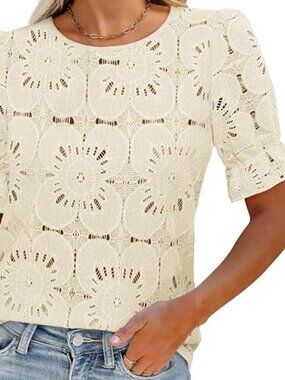 Luxveer Ivory Floral Eyelet Puff Sleeve Blouse Women’s Medium